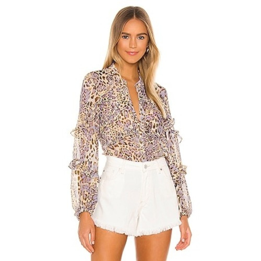 Bardot Women Purple Leopard Print Ruffle Sheer Button Down Blouse Size 6 Small